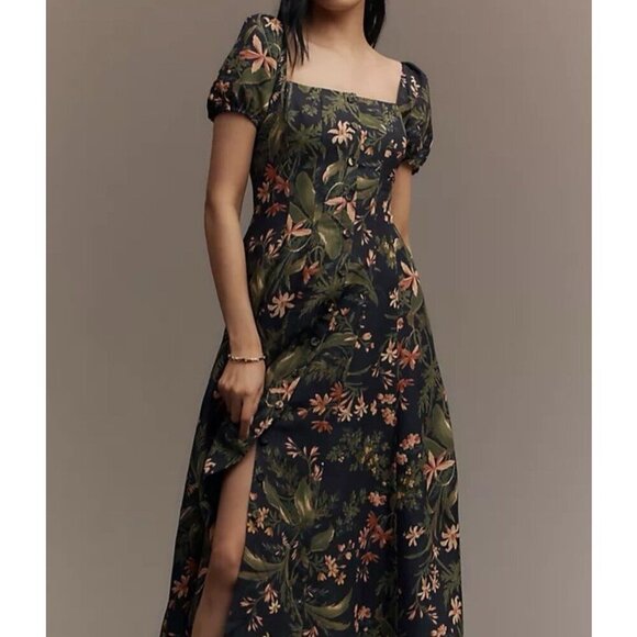 PAIGE Dresses & Skirts - PAIGE Silk Linen Floral Puff Sleeve Midi Dress Blue Green Cottagecore Flaw